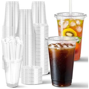 Charmount 100 Sets- 20 oz Clear Plastic Cups with Lids and Straws, Disposable To Go Cups for Cold Drinks, Coffee Bar Accessories, Iced Coffee, Smoothies | with Lids and Straws, Disposable, To Go Cups, for Cold Drinks, Iced Coffee, Milkshakes