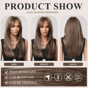 EMMOR Brown Wigs for Women,Long Layered Wigs with Curtain Bangs Heat Resistant Synthetic Fibre Wigs(Brown with Grey Highlight)