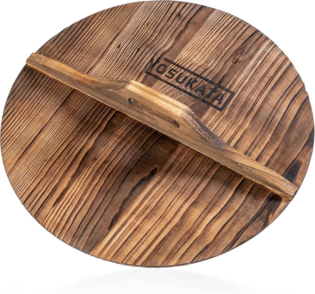 YOSUKATA Cast Iron Wok Cover - Premium Wok Cover 14 inch Pan Lid - Wooden Wok Lid 14 in with Ergonomic Handle - Condensate-free 14 inch Pan Lid - Durable Wok Accessories for Genuine Asian Cooking