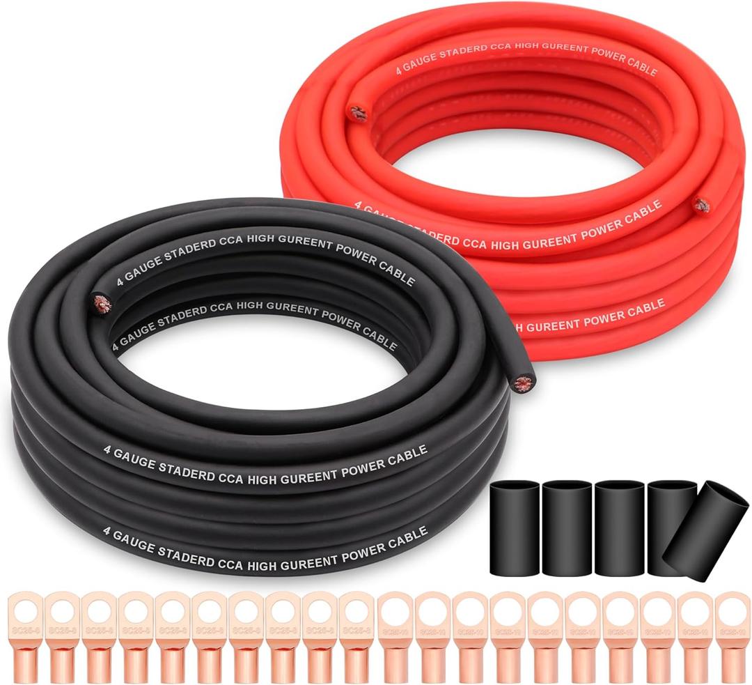 4 Gauge Wire Copper Clad Aluminum CCA 50FT Black/Red with 4ga lugs and Heat Shrink Tube - Battery Power/Ground Cable,Car Audio Speaker,RV Trailer Amp Wiring kit Kit