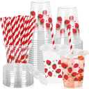 Whaline 50Pcs Strawberry Plastic Cups with Lids and Straws Red Pink Strawberry Heart Daisy Clear Plastic Cup 12oz Disposable Cup for Birthday Baby Shower Party Supplies