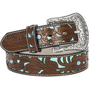 INOGIH Adjustable-Vintage-Western-Cowboy-Belt Women Men - Cowboy-Style Engraved-Buckle Belt for Jeans Pants Dresses (One_Size, Brown/Blue40''l/1.38''w)