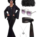 Jexine Halloween 70s Women Disco Costume Set Disco Party Top Pants Sunglasses Ball Necklace Earring Wig , Size XXL