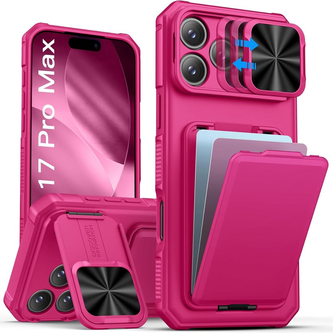 SSLOTSCASE for iPhone 17 Pro Max Case Wallet with Card Holder & Camera Cover Stand & Kickstand & Slide Camera Lens Cover, Rugged Multifunctional Phone Case Cover for iPhone 17 Pro Max 6.9'' 2025, Pink