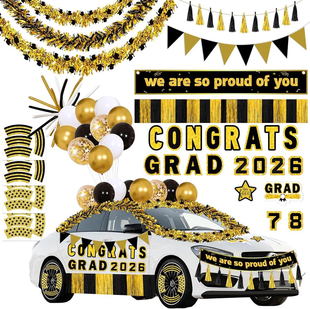 58pcs Graduation Car Decorations 2026 Set Black Gold Magnets Tinsel Garlands Banners Balloons Kit for Class of 2026 Party, Parade Float, Indoor Outdoor Hanging Decor