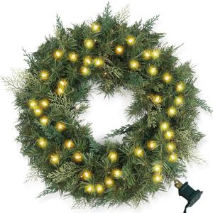 Christmas Wreath Pre-lit 24 inch with 100 Light & Cupressus Tips, Artificial Christmas Wreaths for Front Door with Lights, Wreath for Christmas Decoration Door Windows Wall Green Plug in