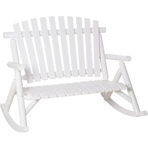 Outsunny Outdoor Wooden Rocking Chair, Double-Person Rustic Adirondack Rocker with Slatted Seat, High Backrest, Armrests for Patio, Garden and Porch, White