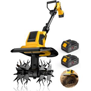 DEGGE Tiller, Cordless Tiller Cultivator with 48 Steel Tines, 9 inch Tilling Width and 6.7 inch Depth, 2 x 3.0Ah 21V Batteries & Charger, Gardening Tools for Lawn/Gardening/Soil Cultivation