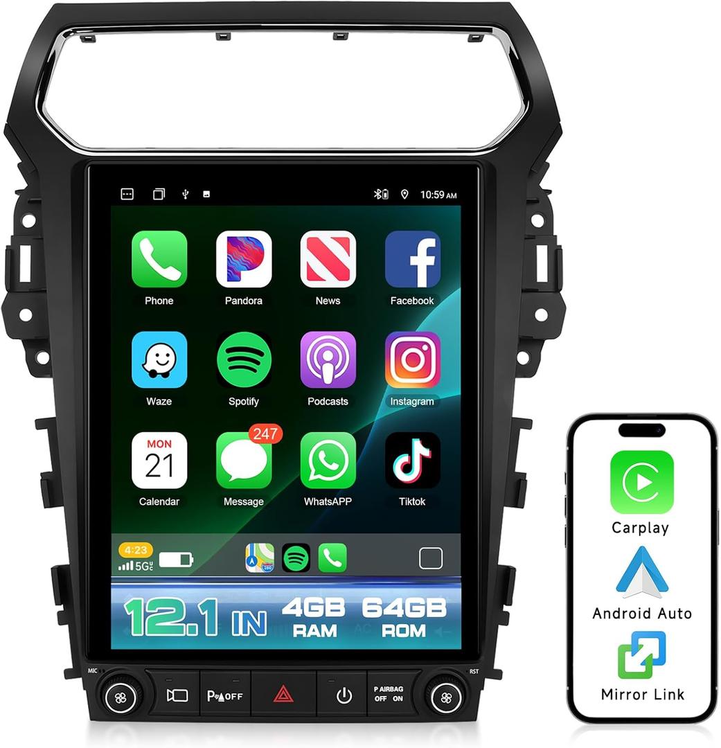 8 Core 4G+64G Car Radio for Ford Explorer 2011-2019 Stereo Upgrade with 5G Wifi/4G LET DSP Carplay/Android Auto AM/FM, Sellrich 12.1 inch IPS Touch Screen Radio Bluetooth 5.0 SWC Backup Camera