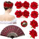 6 Pcs Women Rose Flower Hair Clip, 1Pcs Embroidered Sequins Fabric Folding Fan for Flamenco Dancer Costume Accessories Girl Halloween Cosplay Party Supplies
