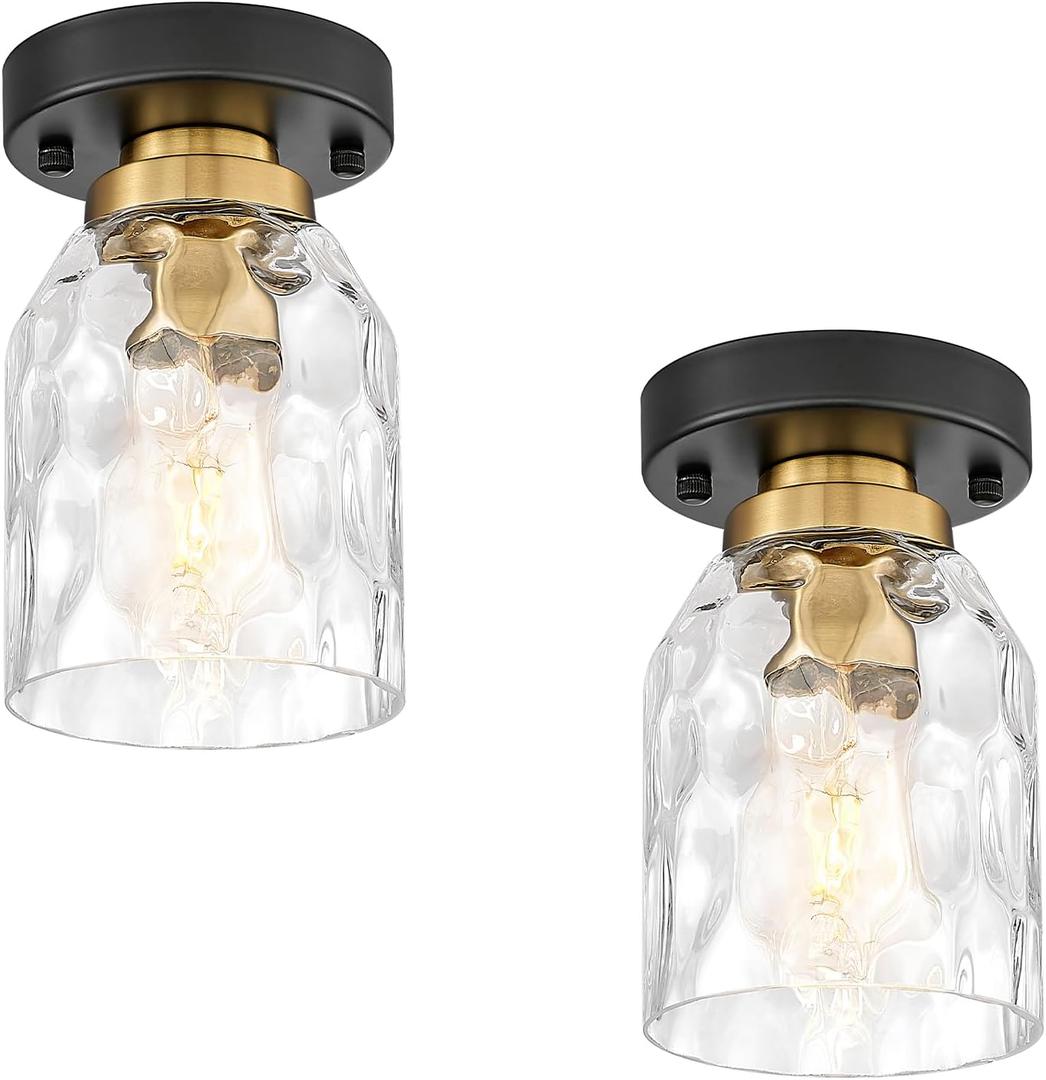 zeyu Modern Ceiling Light Set of 2, 1-Light Semi Flush Mount Ceiling Lighting Fixture for Bedroom Hallway, Water Ripple Glass Shade, Black and Gold Finish, ZG33F-2 BK+BG-WG