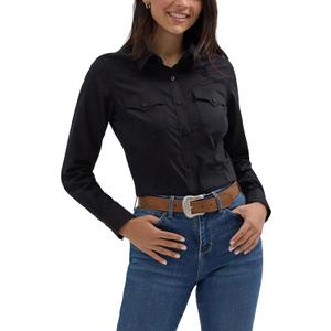 Women's Retro Long Sleeve Cool Blue Solid Western Shirt (X-Large, Black)
