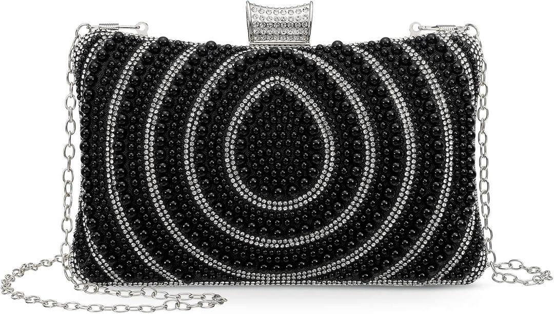 Evening Bag for Women, Pearl Shiny Sequin Evening Clutch Wedding Purse for Bride Party Formal, Black