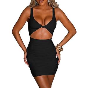 Kaximil Women's Sexy Bodycon Sleeveless Cut Out Ruched Tank Mini Club Party Dresses L