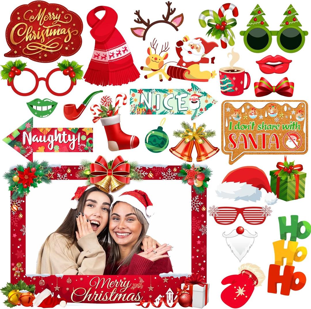 Christmas Photo Booth Props Kit, 24Pcs Fun Photo Props & Selfie Frame for Christmas Photos Decoration, Funny Santa & Gingerbread Photo Props for Xmas Holiday Party Decoration