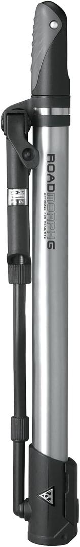 Topeak Road Morph Bike Pump  Portable Mini Floor Pump with Gauge, Fits Presta, Schrader & Dunlop Valves, 140 PSI Max, Aluminum Barrel, Fold-Out Foot Pad, Flexible Hose & Mount Bracket, Lightweight (black, silver)