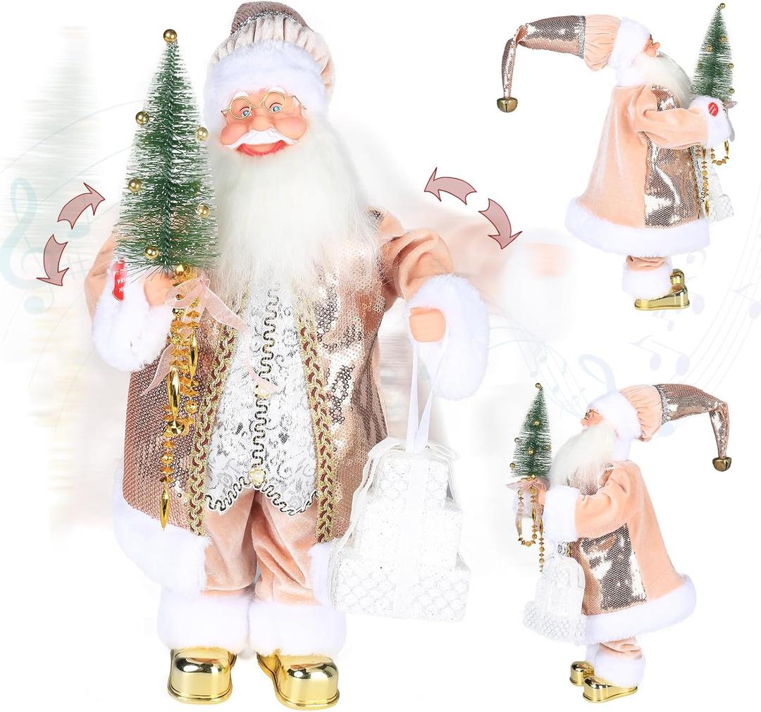 18 inch Battery Operated Animated Santa Claus in Latte Gold, Musical Christmas Figurine with 6 Classic Songs and Moving Head and Hands  Elegant Holiday Home Decor for Mantel or Table Display
