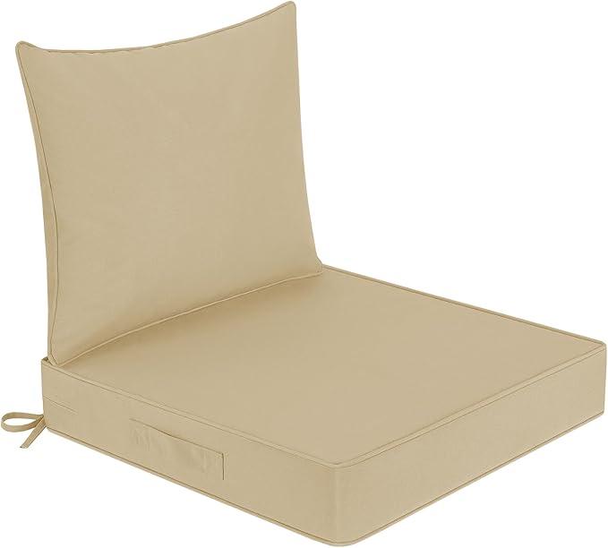 Favoyard Outdoor Seat Cushion Set 24 x 24 Inch Waterproof & Fade Resistant Patio Furniture Cushions with Removable Cover Deep Seat & Back Cushion with Handle and Adjustable Straps for Chair Sofa Couch (Beige)