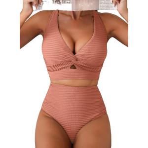 Herseas Women's Textured Bikini Sets Twist Front Top Swimsuits High Waisted Bathing Suits (Nude Pink), X-Large