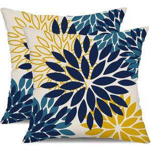 DFXSZ Blue Yellow Flower Pillow Covers 18x18 Inch Set of 2 Outdoor Throw Pillows Outdoor Waterproof Decor for Living Room Sofa Patio Funiture Garden Floral Polyester Pillow Covers 012D18