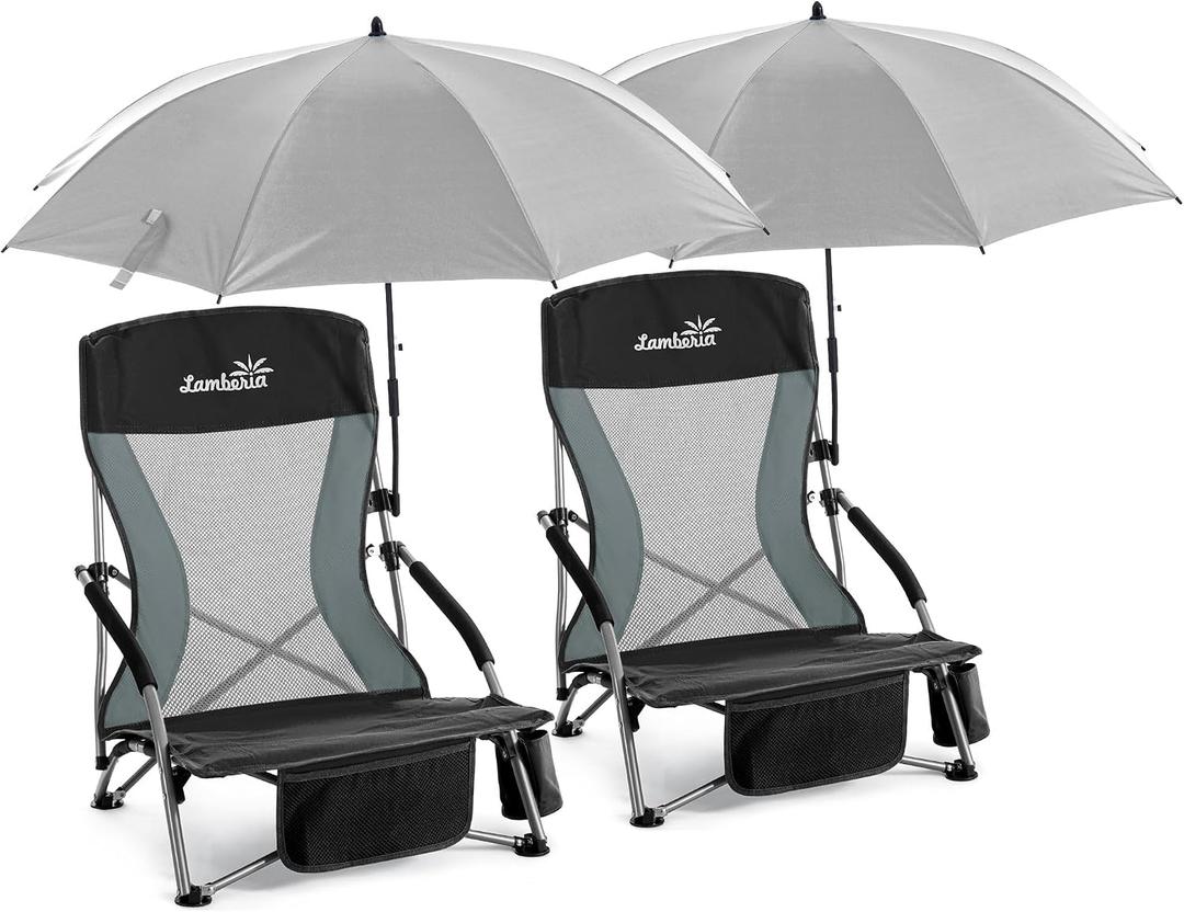 Folding Beach Chair with Umbrella for Adults, 2 Pack Portable Low Beach Chairs with 300lbs Capacity, Lightweight Fodable Camping Chair for Travel, Picnic, Concert & Outdoor Activities, Black-Grey