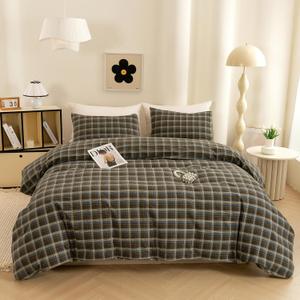 ECOCOTT Buffalo Plaid Duvet Cover King Size  3 Piece Washed Cotton Brown & Blue Bedding Set, Soft & Breathable, Reversible Checkered Design with Zipper Closure & Corner Ties (King (104"x90"))