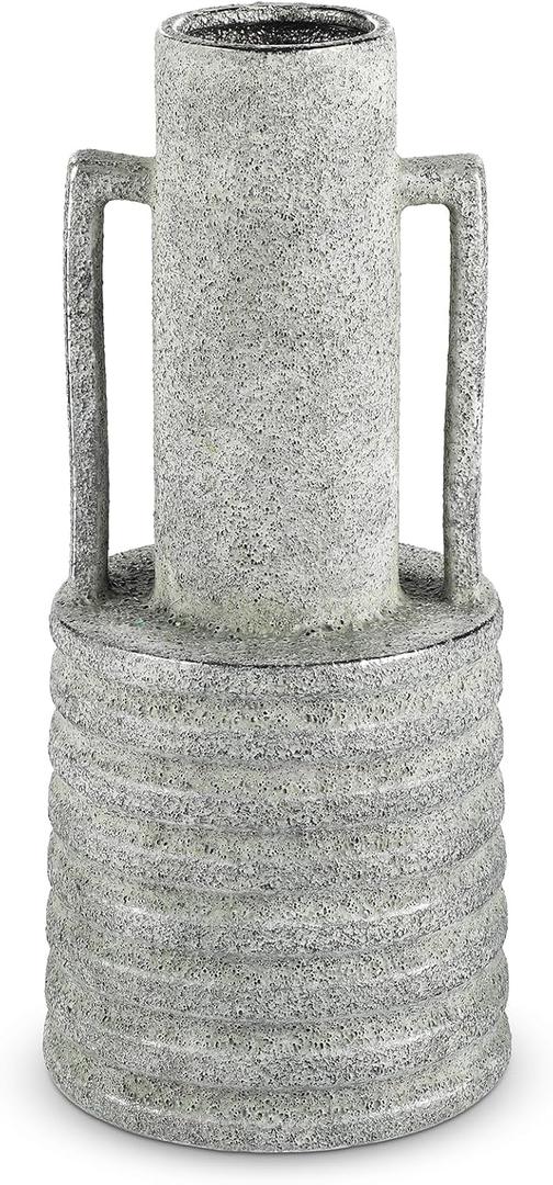 Hollyone Large Vintage Ceramic Vase with 2 Handles, 15.6" Tall Silver-Toned Antique Rustic Decorative Floral Grey Vases for Flowers Home Table Centerpiece Shelf Living Room Entryway Farmhouse Decor