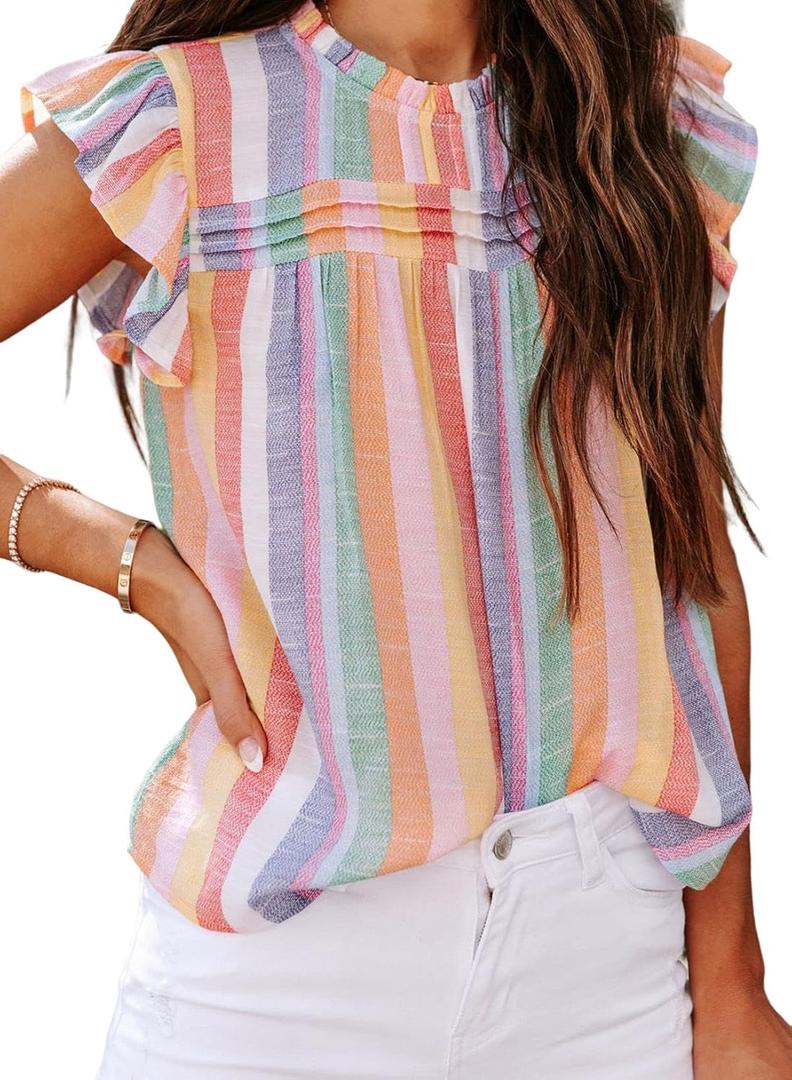 SHEWIN Womens Summer Crewneck Tank Tops Casual Ruffle Sleeveless Tops Shirts (X-Large, B Multicolor)