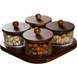 Round Glass Snackle Box Container Snack Organizer and Fruit Platter with Acacia Wood Lids and Tray Divided Serving Tray for Nuts Candy Dry Fruits (4 Jars)