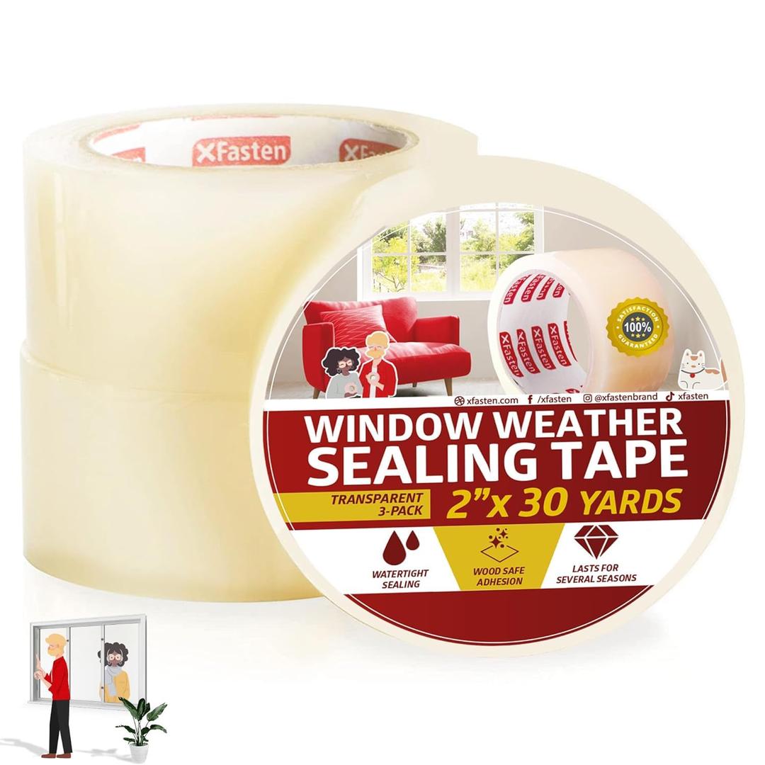 XFasten Transparent Window Weather Stripping Tape 2x30yds (3-Pack Total 90yds), No Residue Insulation Tape for Windows and Doors, Winter Window Seal (Clear)