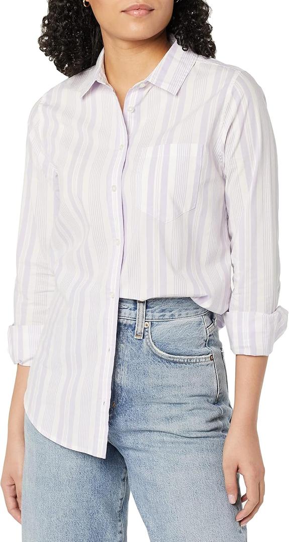 Amazon Essentials Women's Regular-Fit Long-Sleeve Button-Down Poplin Shirt, Business Casual, Office Work, Lilac White Variegated Stripe, XX-Large