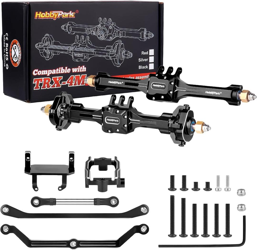 HobbyPark +10mm Extended Portal Axle Complete Set with Servo Mount & Links Built-in Metal Steel Gears for 1/18 TRX4M Defender Bronco K10 F150 High Trail Upgrades, Front and Rear (Black)
