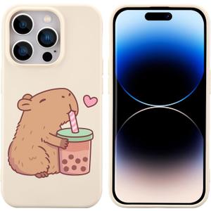 JOYLAND Cute Capybara Pattern Phone Case for iPhone 14 Plus,Kawaii Animal Printed White Liquid Silicone Case Soft Shockproof Protection Shell with Soft Microfiber Lining for Girls Women