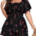 SCOMCHIC Women Plus Size Romper Dress Summer Short Jumpsuit Square Neck Puff Sleeve High Waist Ruffle Boho Jumpsuits (3XL)