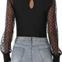 MISSJOY Women's Mock Turtle Neck Long Sleeve Polka Dot Sheer Mesh Ribbed Ruffle Slim Fit Stretchy Bodysuit Top, M