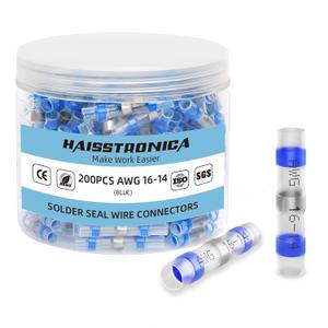 haisstronica 200PCS Solder Seal Wire Connectors,Waterproof Heat Shrink Butt Connectors Terminals for Watercraft,Electrical,Electronics AWG 16-14 Blue