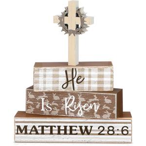 4 Pcs Easter Table Decorations He is Risen Wooden Sign Religious Christian Cross Centerpiece Easter Blocks Tiered Tray Decor Farmhouse for Kitchen Shelf Home