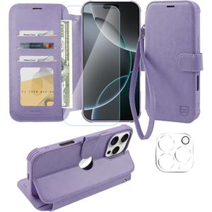 VANAVAGY Compatible for iPhone 16 Pro Max Wallet Case, PU Leather Flip Cover with Wrist Strap RFID Blocking Card Holder for Wireless Charging, [Screen Protector & Camera Cover],Clove Purple