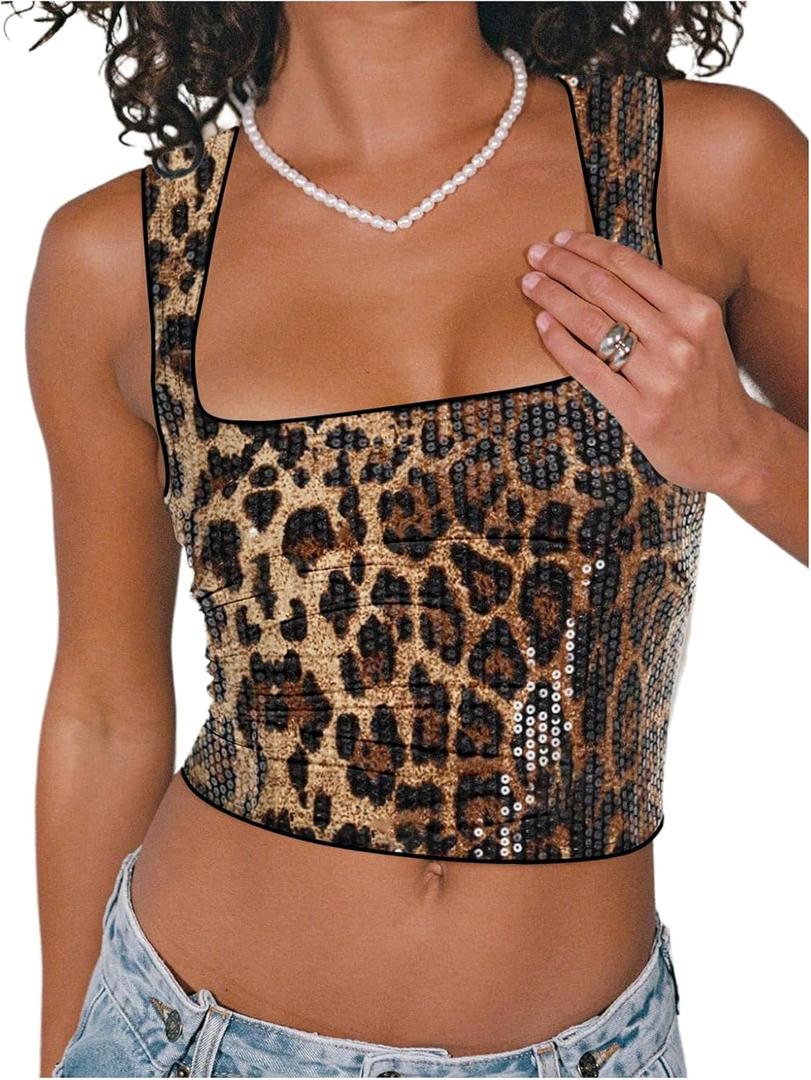 SOLY HUX Women's Cheetah Sequin Tank Top Square Neck Leopard Sleeveless Y2k Crop Tops (Medium)