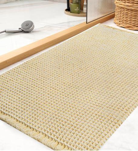Waffle Bath Mat Upgraded Waffle Bath Mat Bathroom Rug Super Absorbent Non Slip Bathroom Rug Machine with Tassels Ideal for Hallway Bedroom Laundry Room(Beige,20 * 31in) (1'8" x 2'7" (Rectangular))