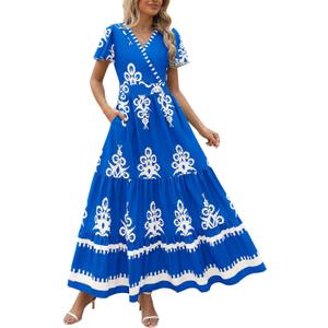 PRETTYGARDEN Womens 2026 Summer Casual V Neck Boho Maxi Dress Flowy Aline Bell Sleeve Tiered Floral Dresses with Pocket (Blue, L)