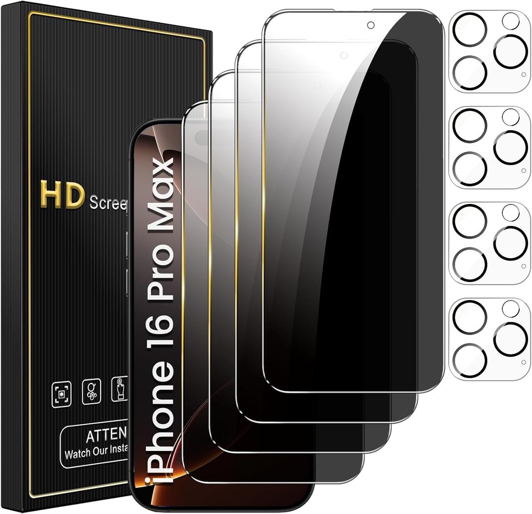 4 Pack Privacy Screen Protector for iPhone 16 Pro Max 6.9 Inch with 4 Pack Camera Lens Protector, Anti Spy Tempered Glass Film, Anti-Scratch, Touch Sensitive, Case Friendly