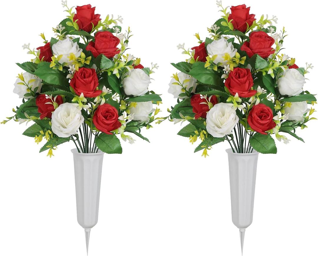 Cemetery Flowers with Vase 2 Sets Artificial Flowers for Cemetery, Silk Roses Funeral Flowers for Grave, UV Resistant Sympathy Flowers for Memorial Day Mother's Day (White+Red)