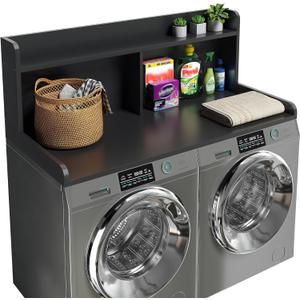 2-Tier Washer Dryer Countertop, 18.5" Raised Height Laundry Countertop with Edge Rails and Non-Slip Pad, 54"W x 27.55"D Washer and Dryer Topper for Laundry Room Storage Organization (Black)