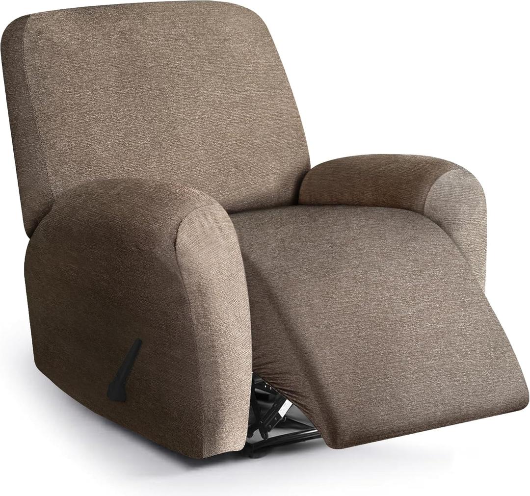 Recliner Chair Covers 4 Piece Stretch Couch Covers Recliner Slipcovers Couch Furniture Protector with Stripe Jacquard Sofa Cover Washable for Pets (Brown) (1 Seater)