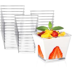 Eupako 50 Pack 3.8 oz Square Clear Plastic Dessert Cups Small Clear Plastic Tumbler Cups Great for Desserts, Appetizers, Puddings, Mousse and More