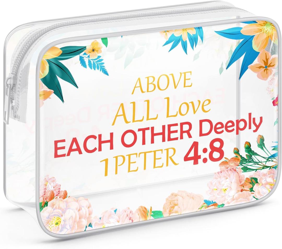 2 x Christian Gifts for Women Faith Inspirational Religious Clear Makeup Bag with Zipper Bible Quote Gifts for Girlfriend Biblical Motivational Gifts Cosmetic Travel Bag Organizer Christian Baptism Gifts (1 PETER 4:8)