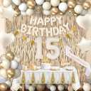 15th Birthday Decorations for Girls, White and Gold 15 Boho BD Party Supplies Includes Biege, Banner, Fringe Curtain, Sash