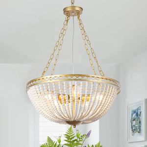 Boho Wood Beaded Chandelier, 5-Light, Pendant Hanging Light Fixture, Farmhouse Rustic Brass Color Chandeliers for Bedroom Living Room Dining Room Nursery(5-Light)