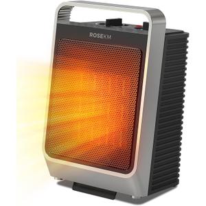 ROSEKM Space Heaters for Indoor Use, 1500W Portable Electric Heater with Thermostat, Ceramic Heater for Room Bedroom Office Under Desk with 3 Heating Levels, Safe Tip-Over Protection (Silver)